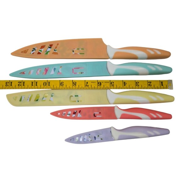 Uptrust 5 Pc Knife Set Fruit Print Stainless Steel w/Sheaths Multicolor Coated - Picture 4 of 11